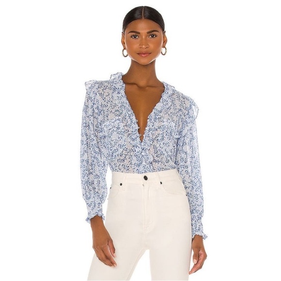 REVOLVE Tops - MISA Los Angeles Blue & White Floral Ruffle Blouse XS in excellent condition
